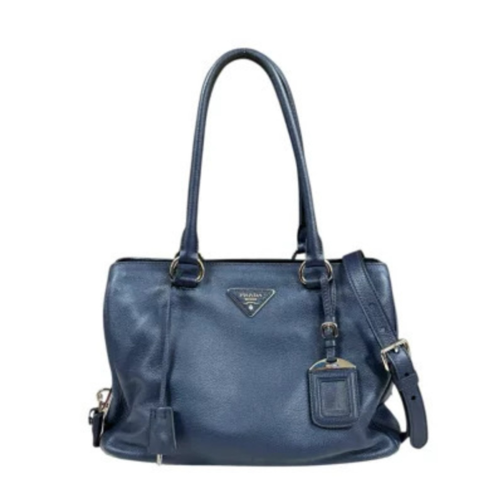 Prada Vitello Daino Shoulder Bag Leather Navy Blue